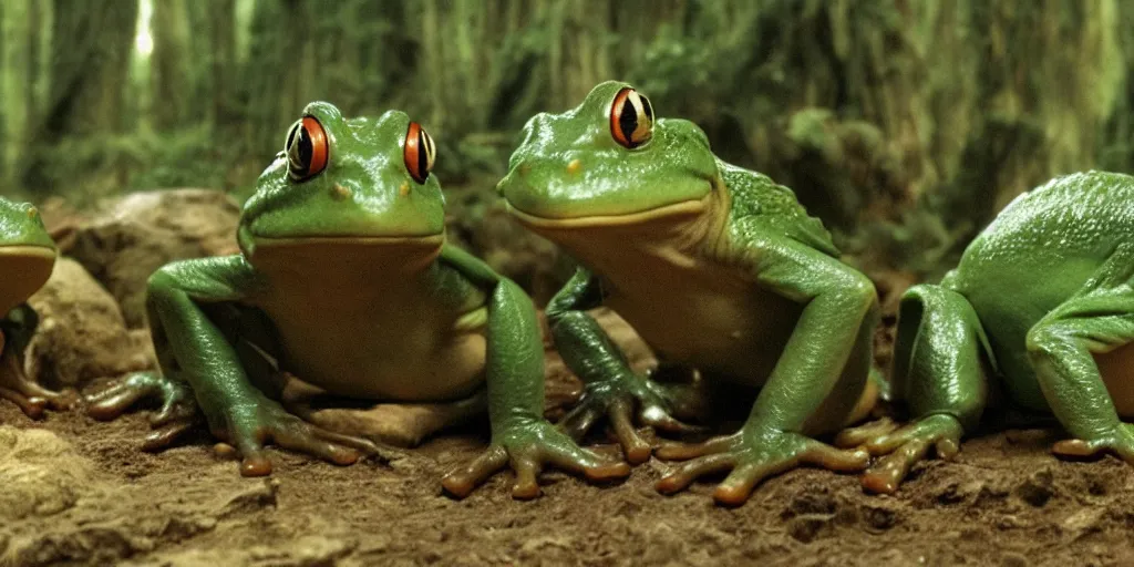 Image similar to movie film still scene, lord of the rings with frogs