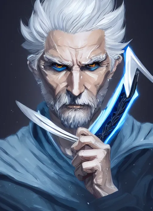 Image similar to a highly detailed illustration of fierce short slick back white haired man wearing dark blue coat, bright blue eyes, dramatic wielding katana pose, intricate, elegant, highly detailed, centered, digital painting, artstation, concept art, smooth, sharp focus, league of legends concept art, wlop