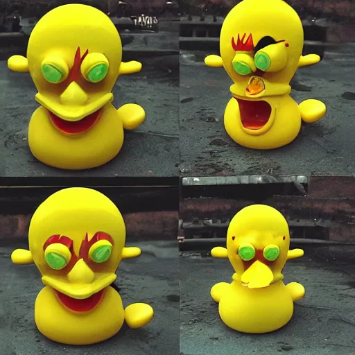 Prompt: rubber duck horror, rubber duck mutant, rubber duck zombie horror, photography