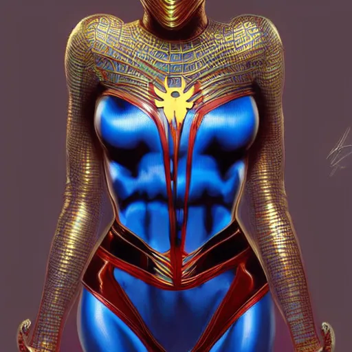 Image similar to an attractive female spiderman wearing an blue ornate metallic helmet, adriana lima, olive skin, long dark hair, beautiful bone structure, intricate, elegant, highly detailed, digital painting, artstation, concept art, smooth, sharp focus, illustration, art by artgerm and greg rutkowski and alphonse mucha