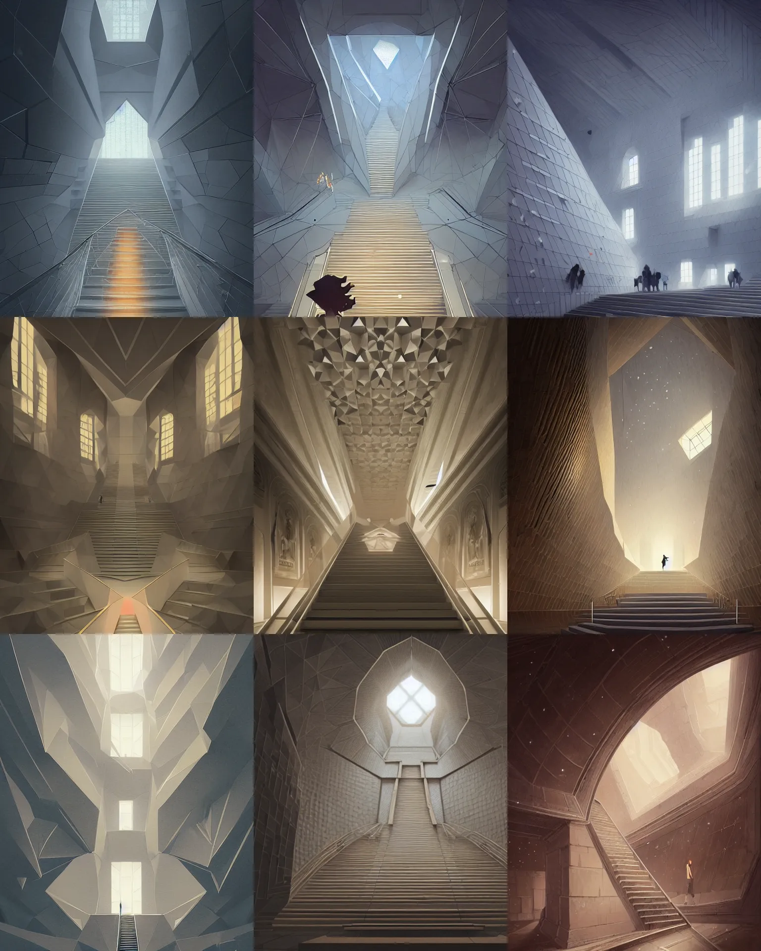 Prompt: polygonal staircase in a museum with giant walls to the stars, light dust, magnificent, close up, details, sharp focus, elegant, highly detailed, illustration, by Jordan Grimmer and greg rutkowski and PiNe(パイネ) and 薯子Imoko and 香川悠作 and wlop and maya takamura, intricate, beautiful, Trending artstation, pixiv, digital Art