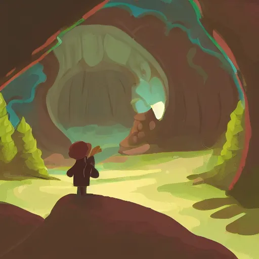 Image similar to an adventurer finding a cake in a dark mysterious cave