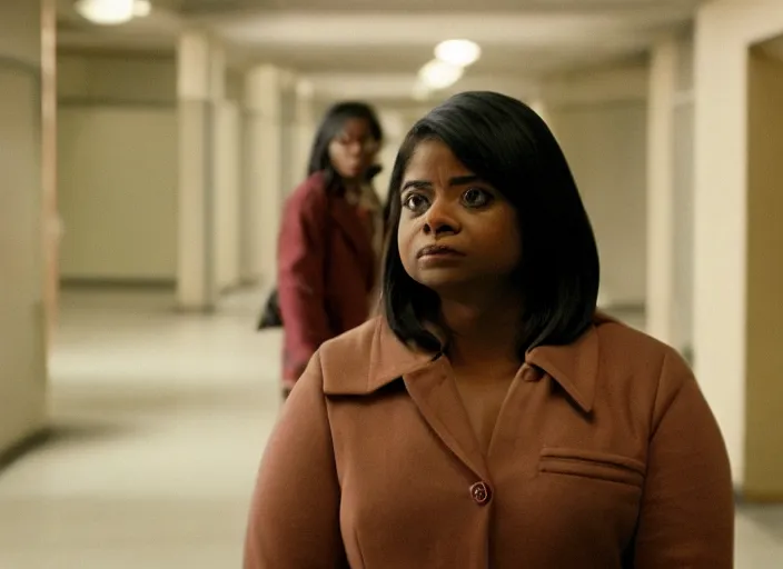 Image similar to cinematic shot of octavia spencer in an abandoned mall, iconic scene from the paranoid thriller sci fi film directed by stanley kubrick, 2 4 mm anamorphic lens, moody strange cinematography, beautiful composition, color theory, leading lines, photorealistic, moody volumetric lighting