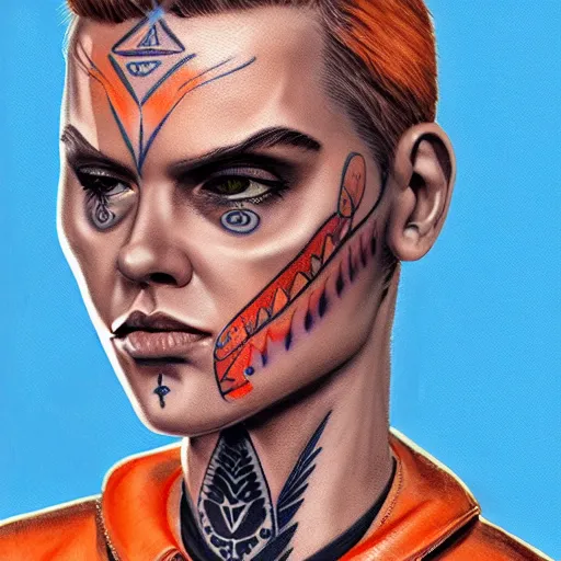 Image similar to character concept art of heroic stoic emotionless butch blond handsome woman space explorer with detailed tribal tattoos, very short slicked - back butch hair, narrow eyes, wearing atompunk jumpsuit, orange safety vest, retrofuture, highly detailed, science fiction, illustration, oil painting, realistic, lifelike, pulp sci fi, cinematic