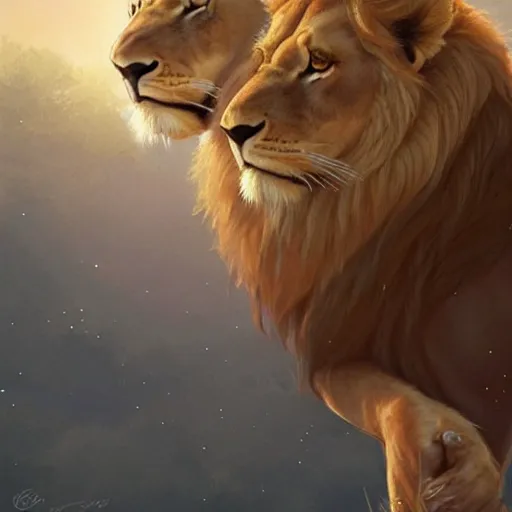 Image similar to contented lion and lioness cuddling with each other, golden hour, adorable, art by artgerm and greg rutkowski, 8k UHD