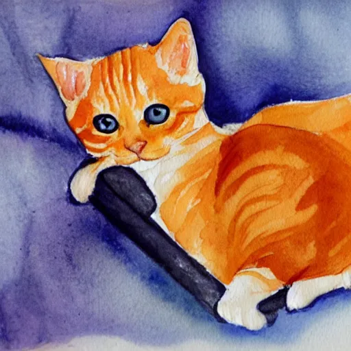 Prompt: A little baby and orange tabby cat cuddling asleep in a crib, watercolor painting.