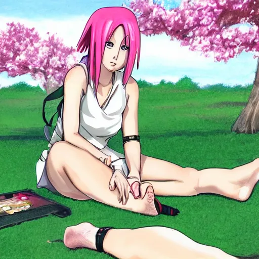 Prompt: portrait of Sakura Haruno from Naruto sitting on the grass barefoot with her legs spread apart, high quality art