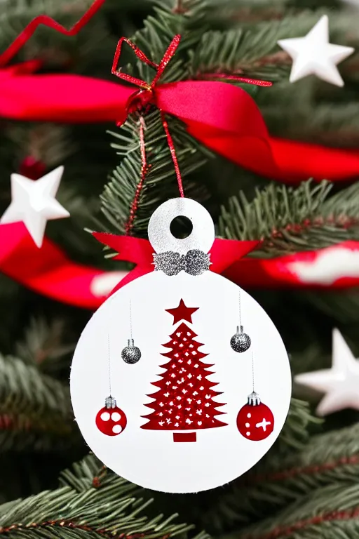 Image similar to flat sticker scandi christmas tree with kitsch glitzy baubles and stars and christmas robin bird decorations, silver pink white red mood, smooth sharp focus