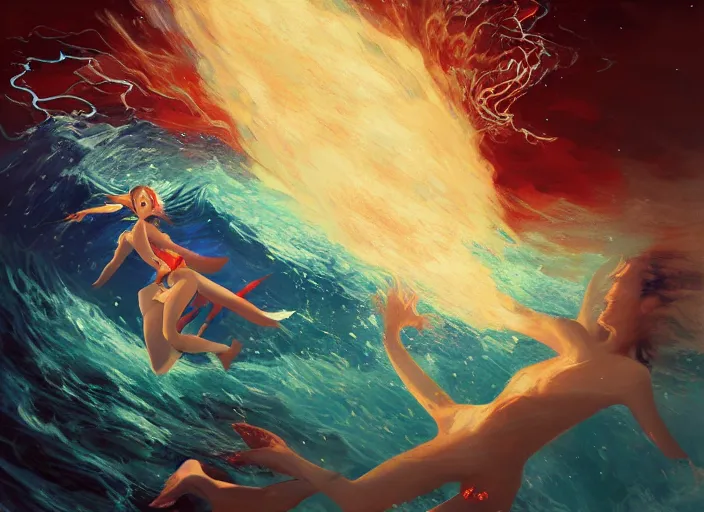 Prompt: seductive lee jin - eun running on water at super speed, emerging from multiversal galactic portal, splashes of lightning behind her, zooming past a jet, by ilya kuvshinov, peter mohrbacher, ruan jia, and james jean, claude monet, during a blood moon, rule of thirds, coherent symmetry, close up, majestic, beautiful eyes
