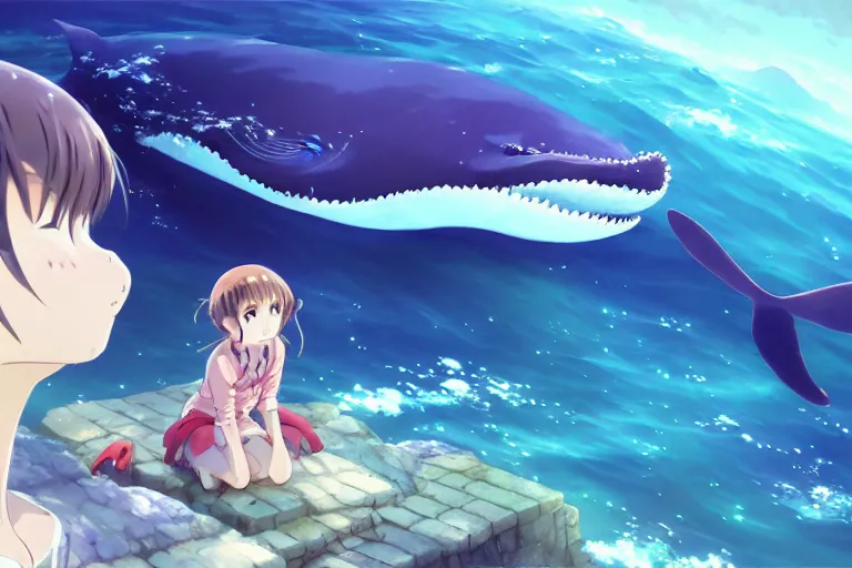 Image similar to a panorama view under the water, anime art full body portrait character concept art, hyper detailed cg rendering of a cute girl and whale, anime key visual of children of the sea, finely detailed perfect face, style of raphael lacoste, makoto shinkai, violet evergarden, studio ghibli, james jean, hayao miyazaki, extremely high quality artwork