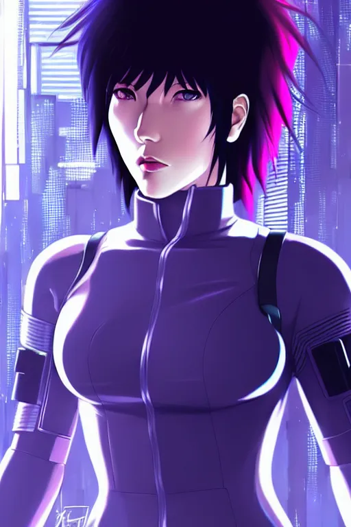 Image similar to a still fullbody portrait of motoko kusanagi ghost in the shell, finely detailed features, closeup at the faces, perfect art, at a cyberpunk city, gapmoe yandere grimdark, trending on pixiv fanbox, by ilya kuvshinov, rossdraws, artgerm