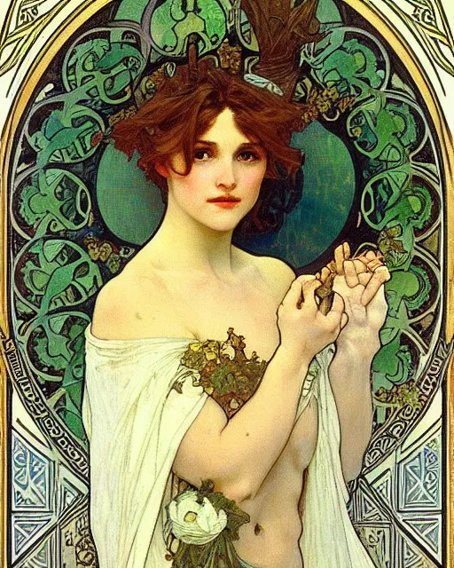 Image similar to an elf princess by Alphonse Mucha and edgar maxence