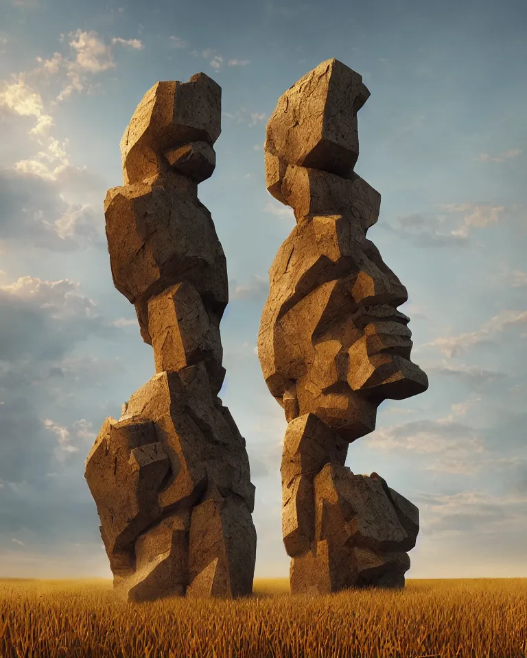 Prompt: wide shot of a tall and thin rocky geometric statue hovering vertically ten feet above a cornfield, late afternoon, golden hour, dramatic lighting, cinematic, highly detailed, smooth, sharp focus, concept art by greg rutkowski and marc simonetti