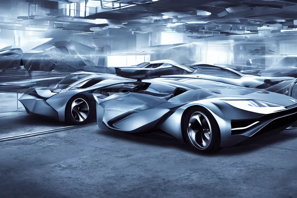 Image similar to Futuristic Sportscars Designed By VW and Syd Mead, photorealistic, volumetric lighting, hyperrealistic, octane render, HDR, photorealistic, bokeh