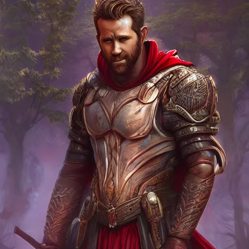 Prompt: ryan reynolds wearing wizard robes leans against a magical tree romance novel fantasy artwork epic detailed and intricate digital painting trending on artstation by wlop octane render pretty face