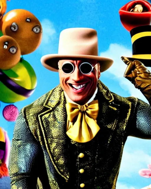 Image similar to Film still of Dwayne Johnson as Willy Wonka from the movie Willy Wonka & The Chocolate Factory