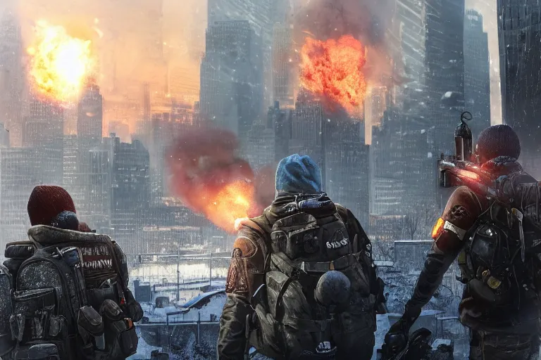 Prompt: close-up portrait of a group of agents from (Tom Clancy's The Division), (snowy new york in background), fires in background, high detail, digital art, matte painting, trending on artstation, by Tom Garden, by Marek Okon