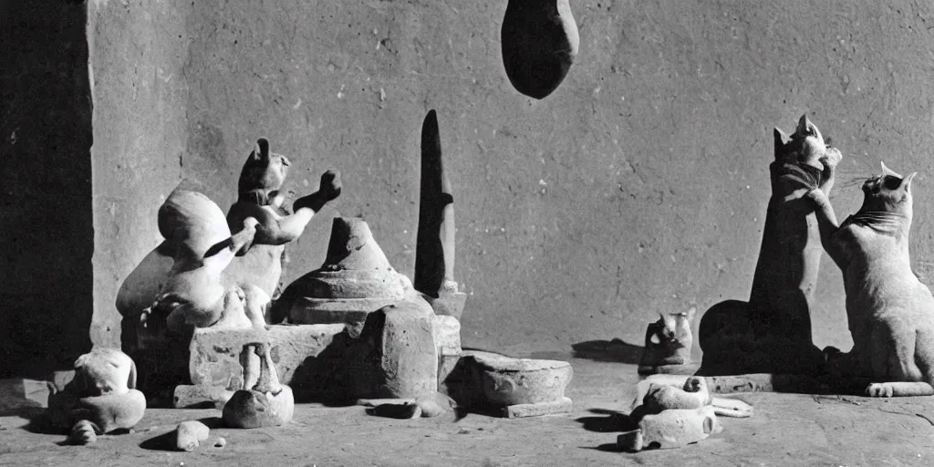 Image similar to a great old black and white photo from ancientt egypt, mischivious cats knock things off the table and annoy the pharoah who is sulking with head in hands, other cats knock vases over, funny and silly, weird and odd, historic look, film grain