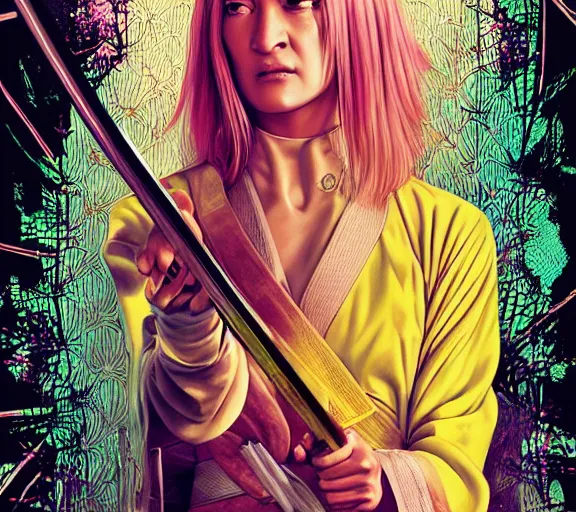 Image similar to breathtaking detailed pattern pastel colors, cinematic action scene from kill bill, with uma thurman in yellow kimono, swinging katana sword by wlop and artgerm, exquisite detail, enhanced eye detail