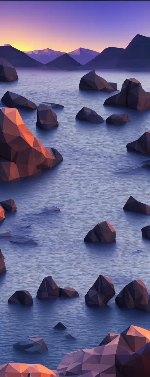 Image similar to super detailed color lowpoly art, northern sunset with rocks on front, monochrome photorealistic bay in the middle of perspective and mountains at background, big graphic ship in random point of bay, unreal engine, high contrast color palette, 3 d render, lowpoly, colorful, digital art, perspective