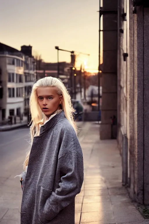 Image similar to high quality realistic street photo of girl, blond hair, clothes in the sport style of 1 9 9 0, sneakers, lowered socks, loose coat, perfect face against the sunset sky ; kodak ektar, 2 0 0 iso, 3 5 mm lens, bill henson style beautiful chiaroscuro lighting, beautiful colour palette, beautiful and realistic, wide shot