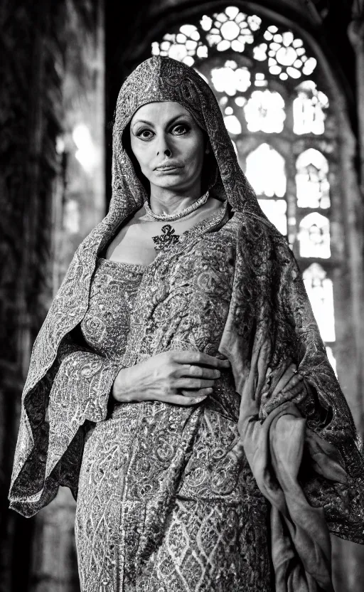 Image similar to a picture of sofia loren standing up in hagha santa sofia in the style of ( ( ( a byzantine icon ) ) ). black and white, award winning photography, 5 0 mm, studio lighting, highly intricate