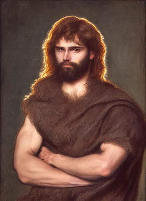 Prompt: Pre-Raphaelite young beautiful muscular brown-haired bearded muscular male, neon light