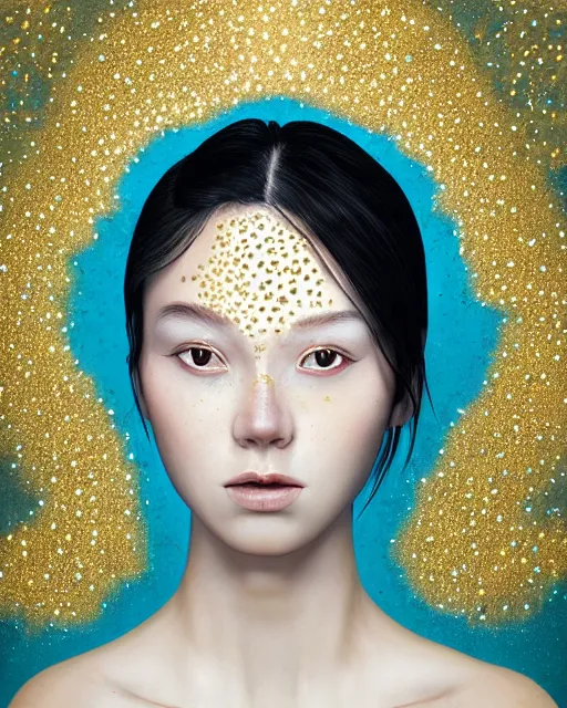 Image similar to pearl skinned girl, golden droplets on her face, casual clothes, chessboard pattern, she is looking up, intricate, crystal eyes, perfect face, atmosphere, glowing, radiant, dancing in the mud, cinematic lighting, high quality, perfect, 8 k high detail, masterpiece, trending on artstation, by seunghee lee, chengwei pan