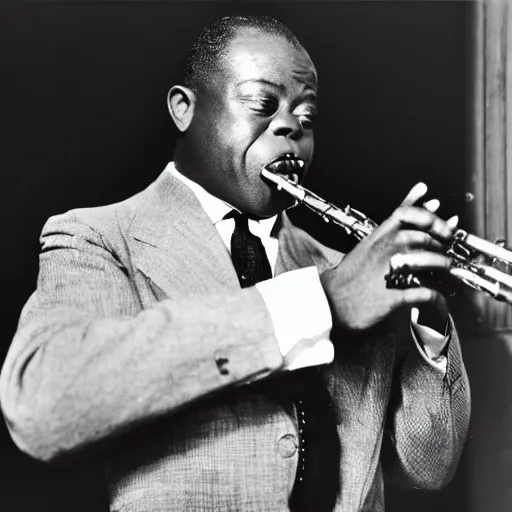 Image similar to 1 9 3 0 s photo of louis armstrong playing a flute, black and white photo