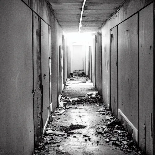 Image similar to a dark and musty hallway in an abandoned building