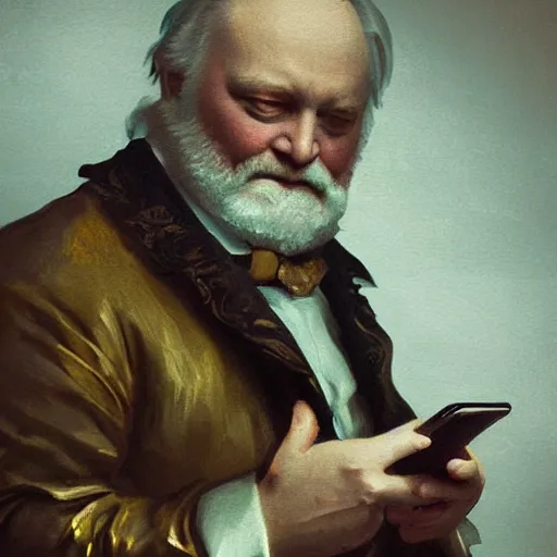 Image similar to victor hugo playing on his phone, digital art, trending on art station, high quality, uhd 8 k, beautiful, golden hour, intricate detail, high gradient, raytracing, dynamic lighting, sharp focus