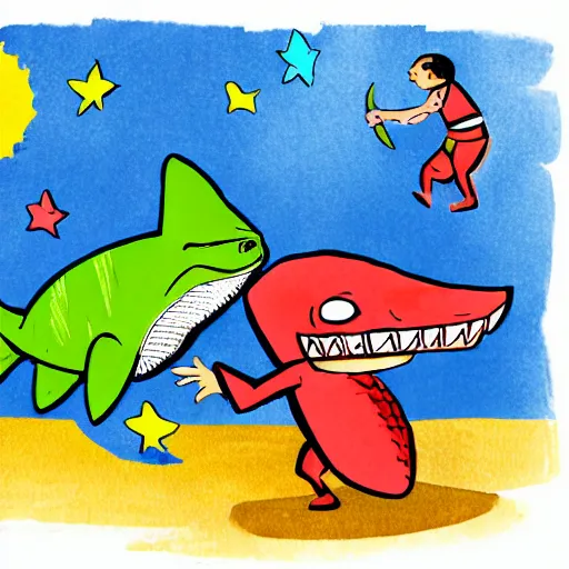 Image similar to a children's book illustration of a luchador wrestling a shark