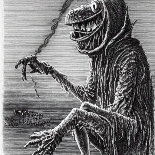 Prompt: full body grayscale drawing by Gustave Dore of Kermit the Frog as an undead monster, Sesame Street, swirling wispy smoke, intricate, very very detailed