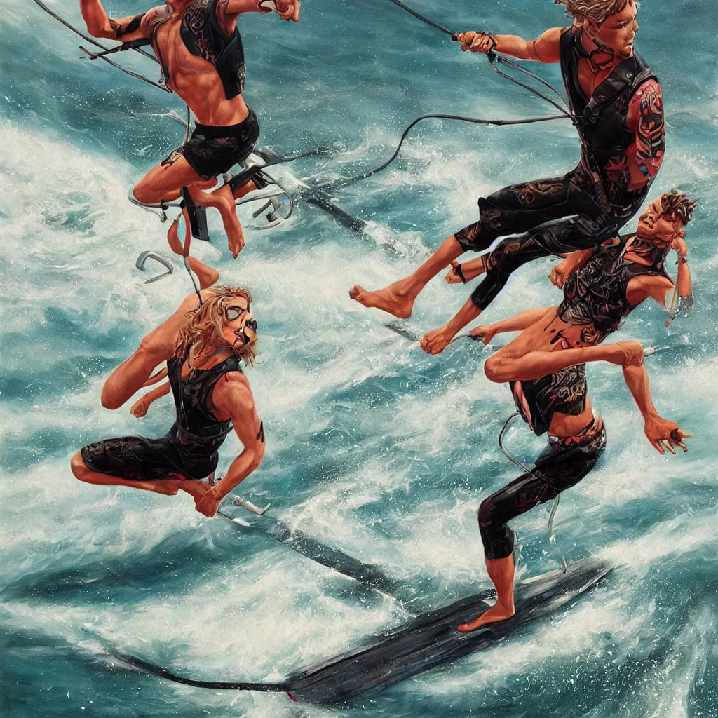 Image similar to a man barefoot waterskiing behind a boat, 8 k, by tristan eaton, stanley artgermm, tom bagshaw, greg rutkowski, carne griffiths, trending on deviantart, hyper detailed, glorious lighting, dramatic lightning