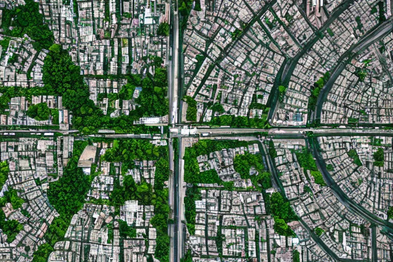 Image similar to satellite photography of a city with a square green park in the middle.