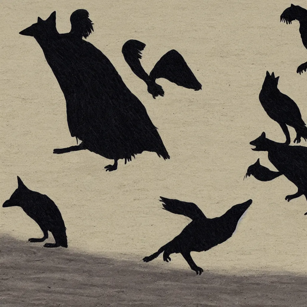 Image similar to detailed image of death walking with a black cat comforting a raven on the beach