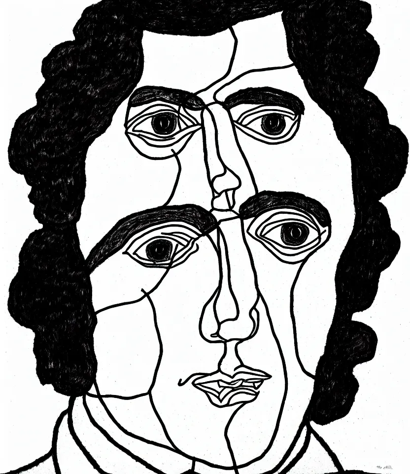 Image similar to detailed line art portrait of oscar wilde, inspired by egon schiele. caricatural, minimalist, bold contour lines, musicality, soft twirls curls and curves, confident personality, raw emotion