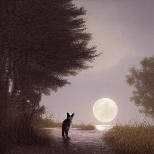 Image similar to matte painting of a tabby cat walking on a path in a dark moonlit Maine forest, serene, highly detailed, by caravaggio and alan lee, trending on artstation, 4k