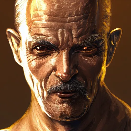 Image similar to a painted portrait of a middle-aged man in a golden suit, D&D, sci-fi, elegant, hopeful, muscular, highly detailed, digital painting, artstation, concept art, smooth, sharp focus, illustration