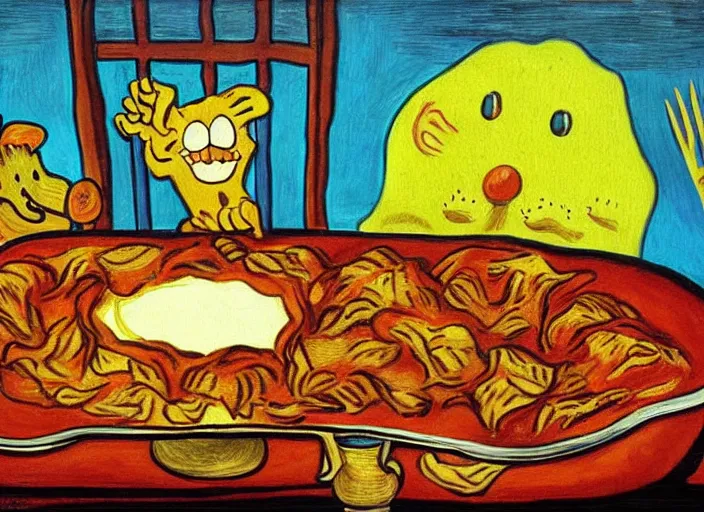 Prompt: surrealist painting of garfield eating lasagna at dusk, in the style of vincent van gogh and salvador dali and wayne barlowe