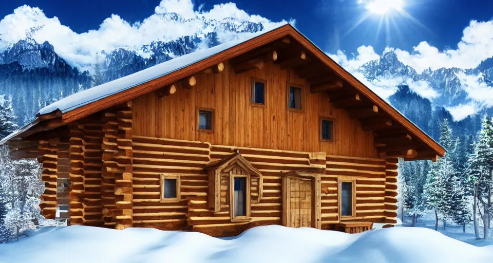 Prompt: log cabin beneath the alps, vaporwave, 4 k