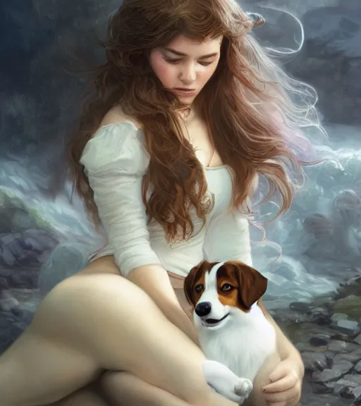 Image similar to full portrait of a young, attractive woman petting a corgi dog, soft hair, muscular, half body, cloth, d & d, fantasy, intricate, elegant, highly detailed, digital painting, artstation, concept art, smooth, sharp focus, illustration, art by artgerm and greg rutkowski and alphonse mucha