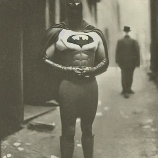 Image similar to old black and white photo portrait, 1 9 2 5, close - up portrait depicting batman standing proudly in alley of new york city, rule of thirds, historical record