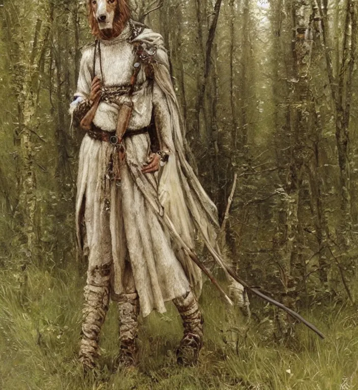 Image similar to slavic dog head man, woolen torso in medieval clothes, walking in the forest, orthodox saint christopher, art by luis royo, oil painting, painting by viktor vasnetsov, concept art, hyperrealism, beautiful, high resolution, trending on artstation,