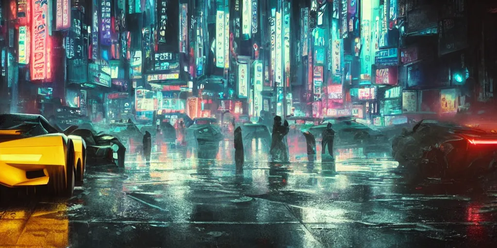 Image similar to close up macro shot of a futuristic cars on wet tokyo street at night, intricate, hyper detailed, smooth, high contrast, neon, volumetric lighting, octane, moebius, greg rutkowski, blade runner, ridley scott, cinematic