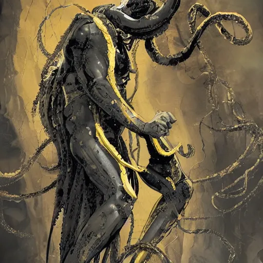 Prompt: All powerful Omnipotent, stunning beauty, young male, norse sun god, painted face, battle damaged, muscled torso, wearing golden robe of thin tentacles, wires, dystopian, dark ambience, in the style of Ashley Wood,