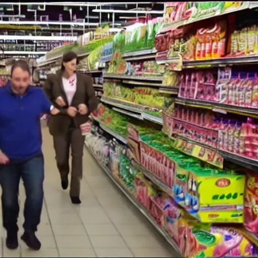 Prompt: A still of an episode of Super Market Sweep where angry wolves burst into the aisles.