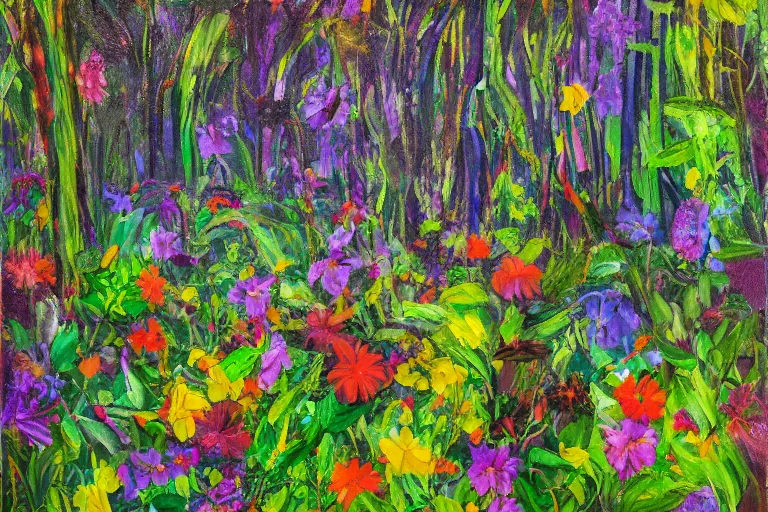 Prompt: A flowery meadow at the edge of a dense rainforest jungle, ultraviolet photography, oil painting