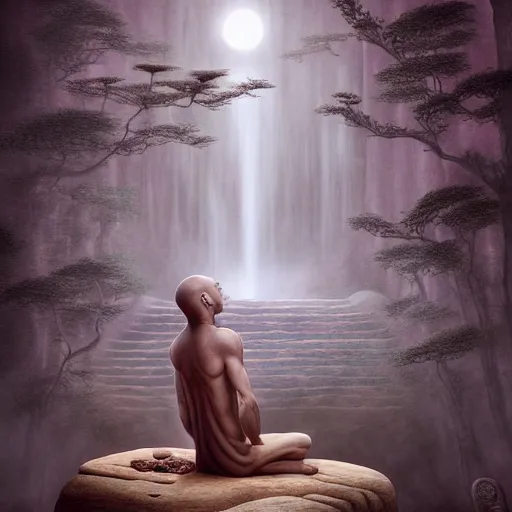 Image similar to an anthromorphic wolf monk character, meditating in a zen garden with a waterfall under the blood moon, by Adi granov and afarin sajedi and amanda sage and evgeni gordiets and Agostino Arrivabene and adonna khare in a psychedelic portrait style, ultrarealistic matte painting, volumetric lighting, fractal, extremely symmetrical, highly detailed face, orisha, 8k, hd