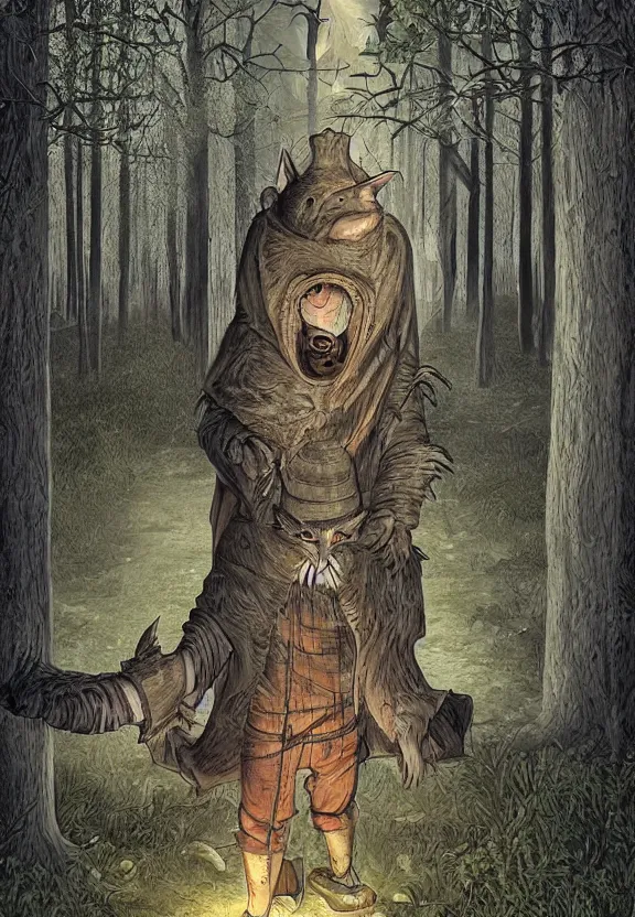 Prompt: big possum dressed like a monk at a scary medieval cemetery in the middle of the forest at night, highly detailed, photorealistic, isometric, digital art